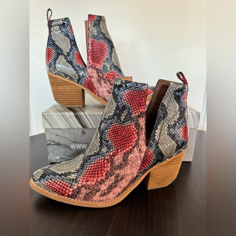 Jeffrey Campbell Red and Black Snakeskin Ankle Boots